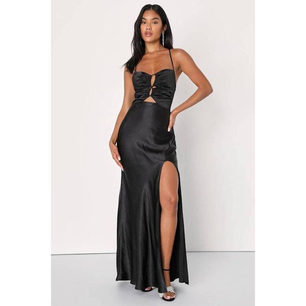 Lulus Cutout For Elegance Black Satin Cutout Backless Maxi Dress - Size M
